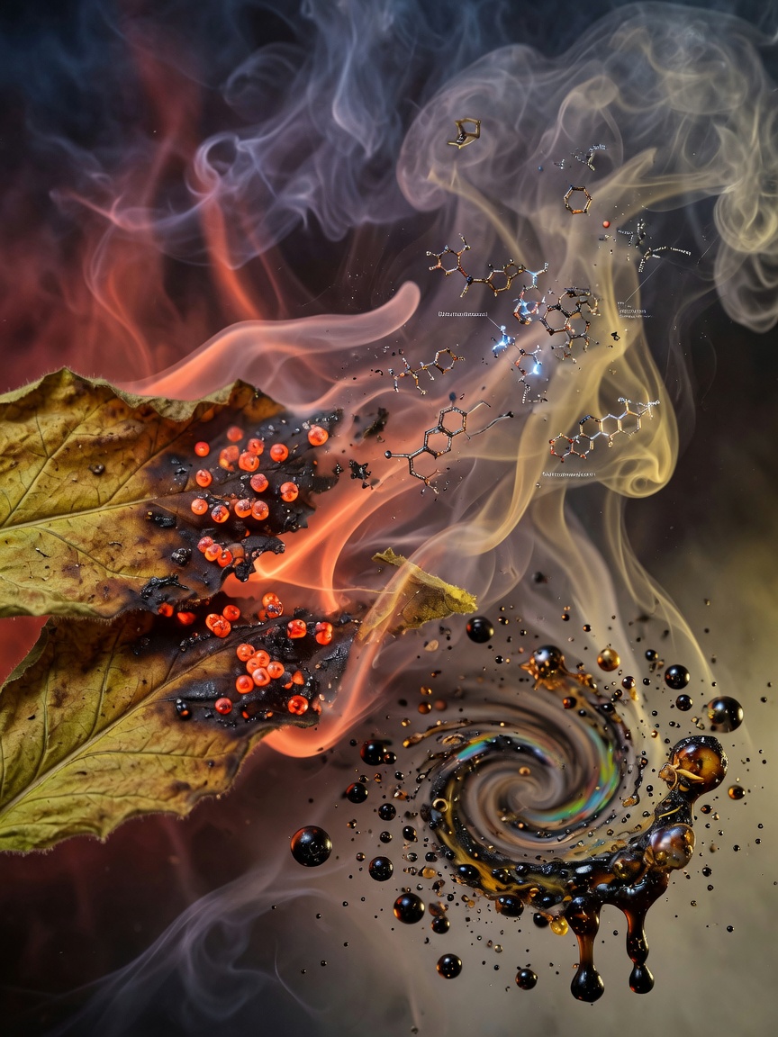 Burning tobacco leaf is a moving miniature reactor: heating, distillation, oxygen-deficient pyrolysis, then condensation into particles; tar is the product inventory of high-temperature chemistry.